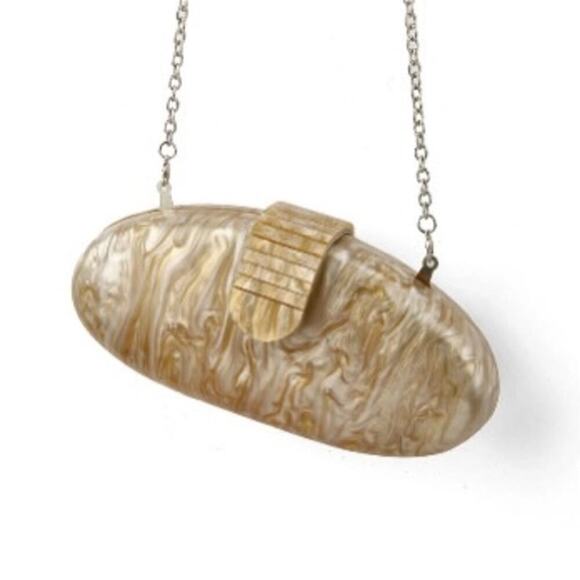 Acrylic Pearlescent Purse Clamshell Tan Cream Gold Chain Clutch Bag Chic - Picture 4 of 10